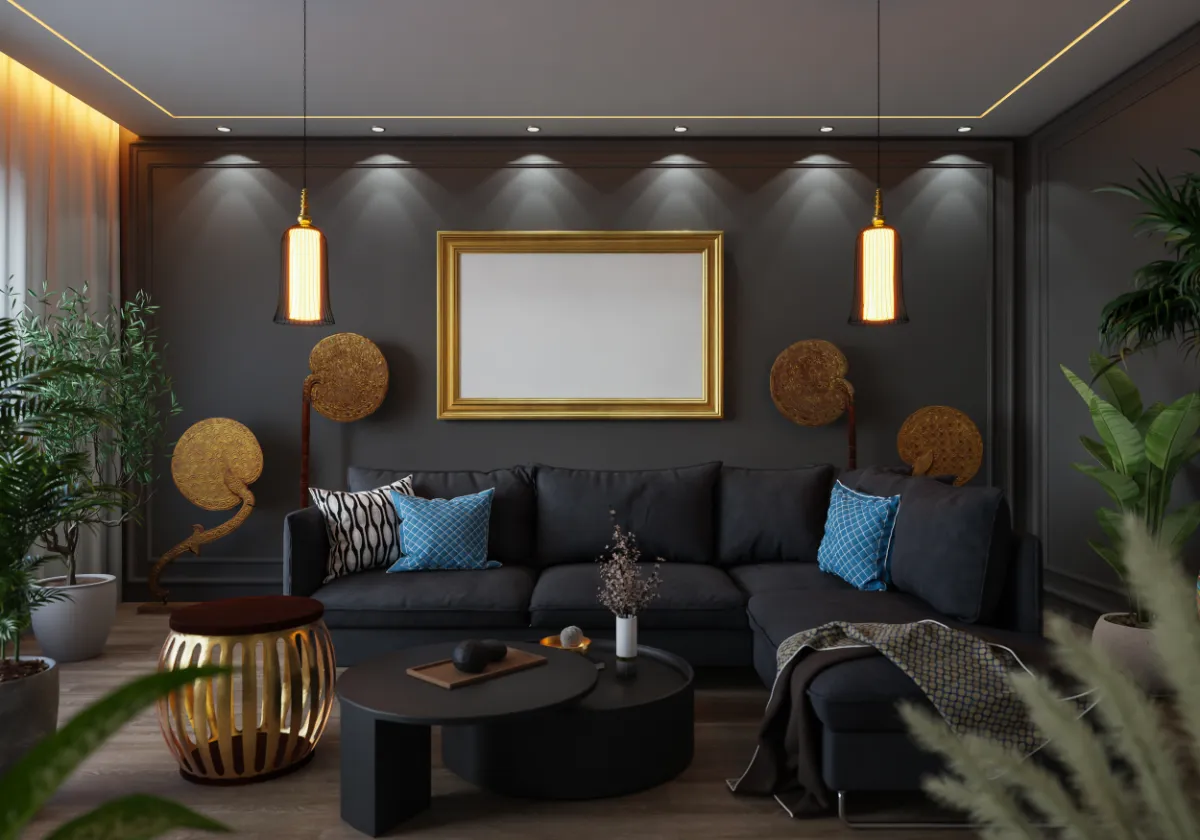 Modern dark-laminate living room with a black sectional, gold-framed blank art, warm pendant lights, and green plants.