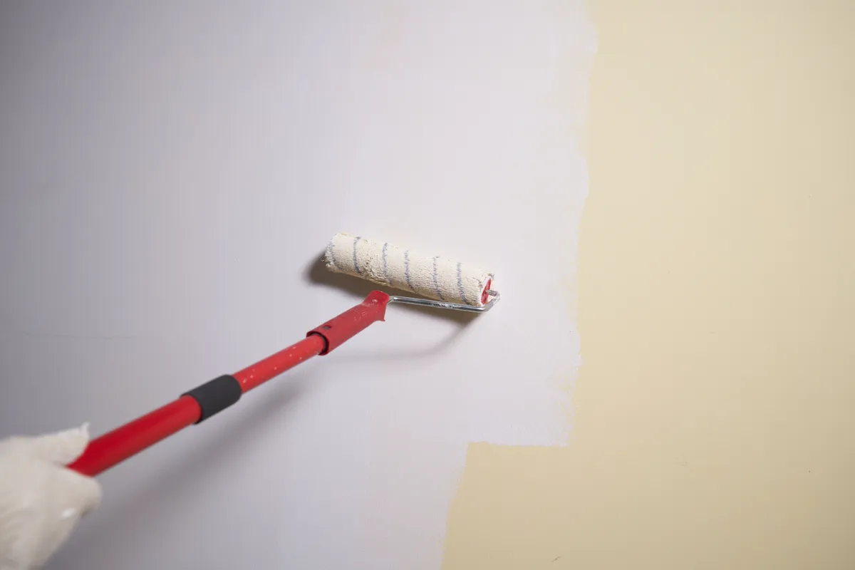 Gloved hand operates a paint roller applying white paint to a beige wall far background shows edge of color.