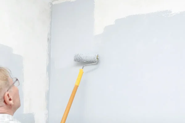 Person wearing glasses rolls light-gray paint onto a wall with a paint roller attached to a wooden handle nearby edge of room visible on left.